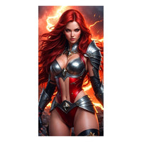 Woman in red and silver armor with fiery background
