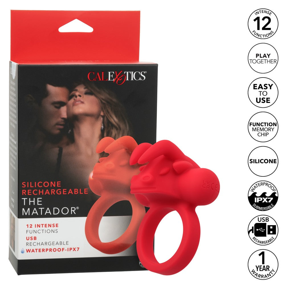 red vibrating cock ring with horns, ears and face beside packaging