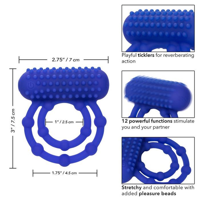 blue silicone vibrating beaded dual  cock ring with measurements and information