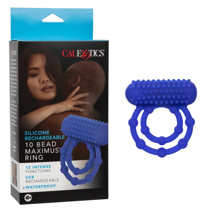 blue silicone vibrating rechargeable beaded dual ring with clitoral stimulator next to cal exotics box