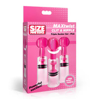 Pink packaging of MAXtwist Clit & Nipple Triple Sucker Set with 'Size Matters' branding.