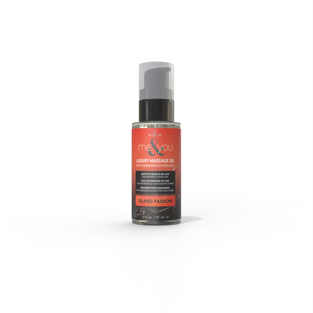 Island passion luxury massage oil 59ml bottle with squeeze top lid.