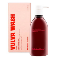 Medicine Mama Vulva Wash daily cleansing wash shown as a dark red pump bottle next to its light pink packaging box with red lettering.