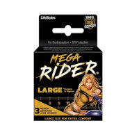 female on motor bike on box of large condoms