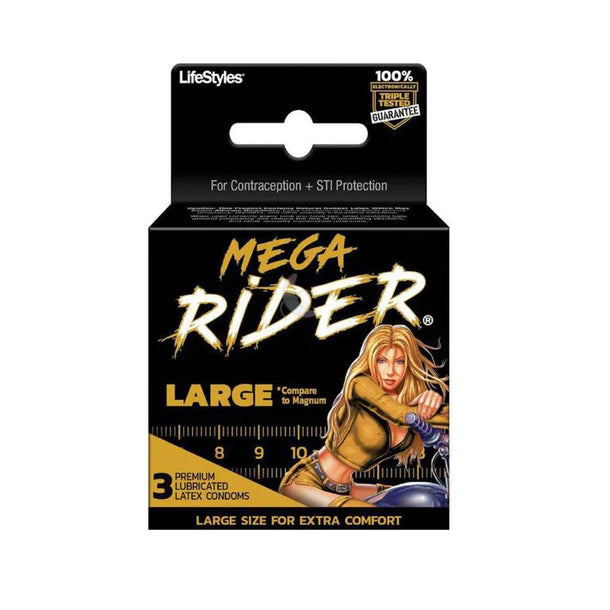 female on motor bike on box of large condoms