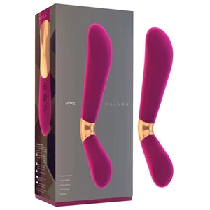 purple angled vibrator with gold accents next to display box