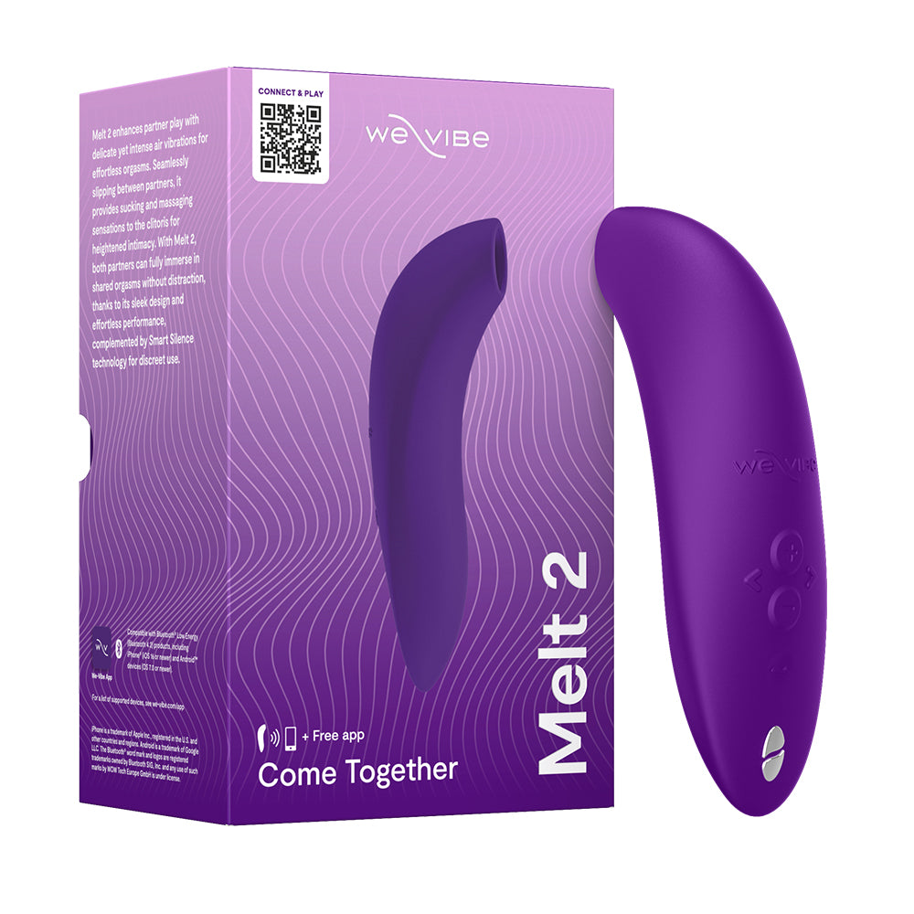 we vibe melt 2 vibrator with clitoral sucking and vibration beside box packaging in purple