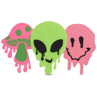 Three colorful alien face stickers on a white background
