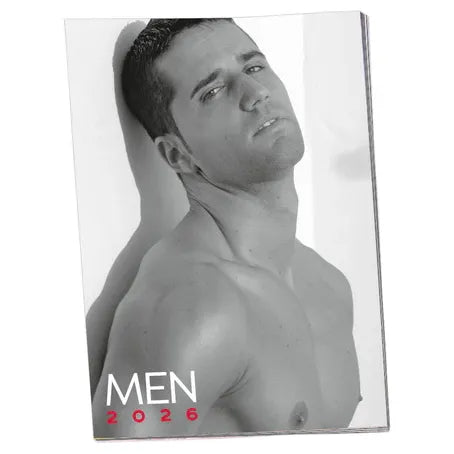 Calendar cover featuring a black and white photo of a man with 'MEN 2026' text.
