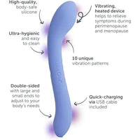 A light blue curved personal massager with text callouts describing its features, including high-quality body-safe silicone, vibrating and heated function, ultra-hygienic design, 10 unique vibration patterns, double-sided sizing, and quick USB charging.