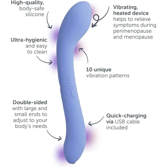 A light blue curved personal massager with text callouts describing its features, including high-quality body-safe silicone, vibrating and heated function, ultra-hygienic design, 10 unique vibration patterns, double-sided sizing, and quick USB charging.