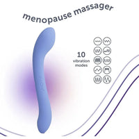 A blue curved personal massager labeled 'PluOne' on a white background with the text 'menopause massager' and '10 vibration modes' alongside vibration icons.