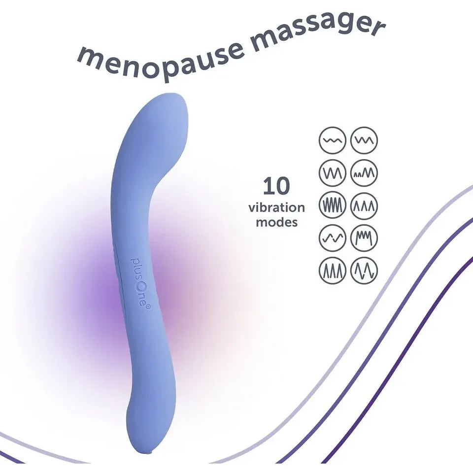 A blue curved personal massager labeled 'PluOne' on a white background with the text 'menopause massager' and '10 vibration modes' alongside vibration icons.