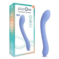 A plusOne menopause massager in light blue shown next to its retail packaging box on a clean white background.