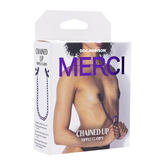 topless brunette female with purple chain nipple clamps on box cover