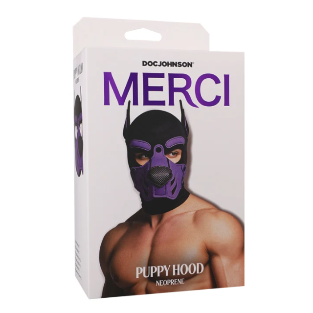 man wearing a puppy bdsm hood on box packaging