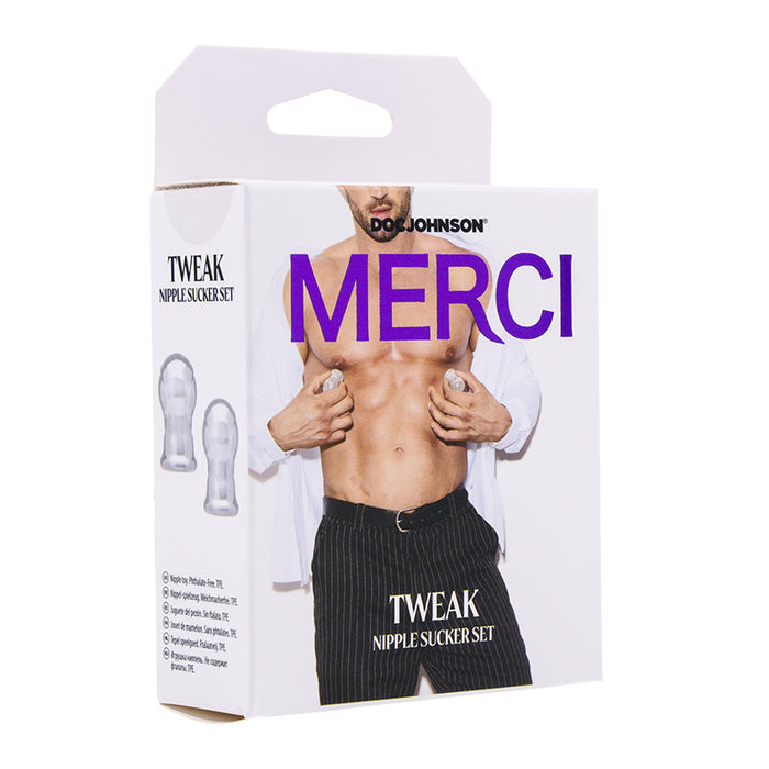 shirtless male holding nipple suckers on box cover