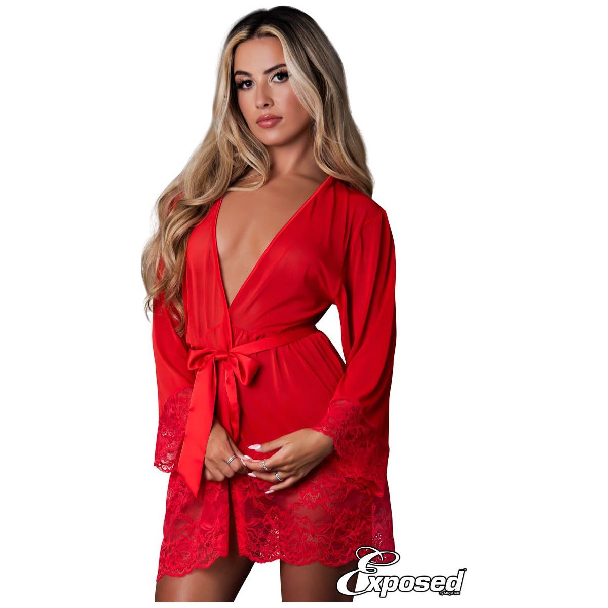 female wearing robe with lace trim on bottom of sleeves and bottom of robe in red 