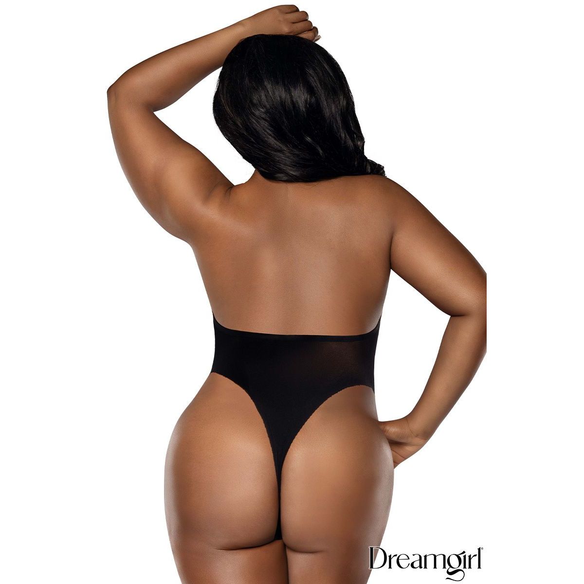 Person wearing a black bodysuit with 'Dreamgirl' branding on a white background