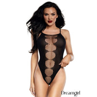 Woman wearing a black fishnet bodysuit with 'Dreamgirl' branding.