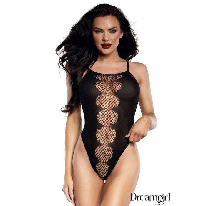 Woman wearing a black fishnet bodysuit with 'Dreamgirl' branding.
