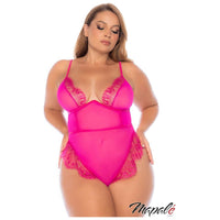 blonde plus size female model wearing Moonlit Charm – Sheer Mesh Teddy, with ruffle on the hips, in pink, front view