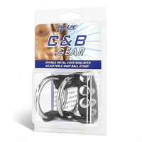 c&b gear plastic package with double metal ring attached to leather cock ring