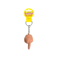 Keychain shaped like a middle finger with a yellow tag on a white background