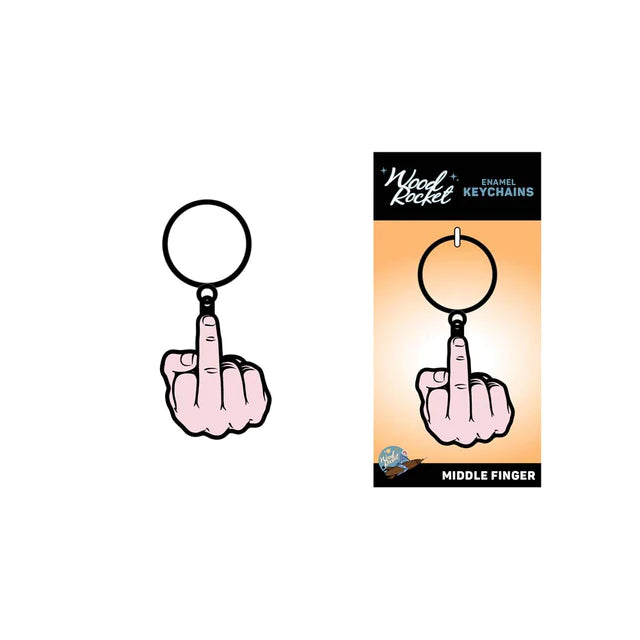 A keychain with a graphic of a middle finger gesture, packaged in a card labeled 'MIDDLE FINGER'.