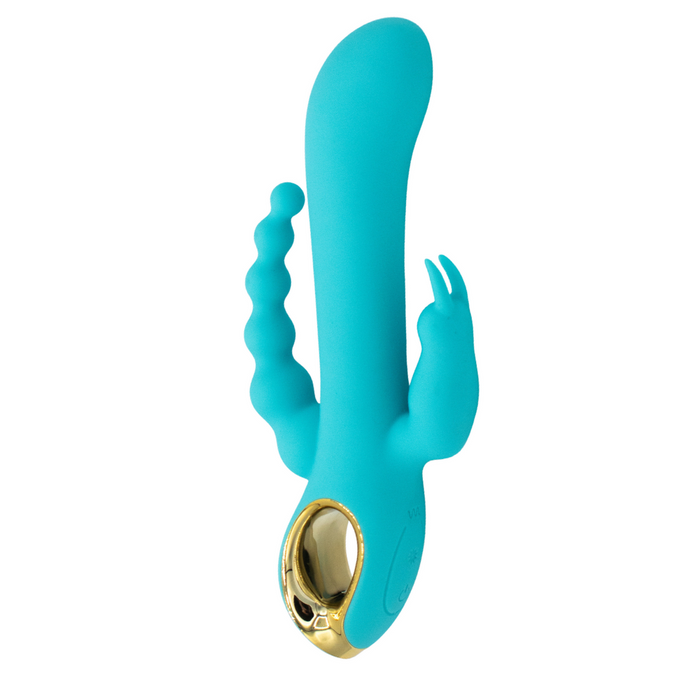 Turquoise silicone toy with gold accent on a white background