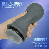 Hand holding a gray handheld masturbator against a blue background with text about its functions.