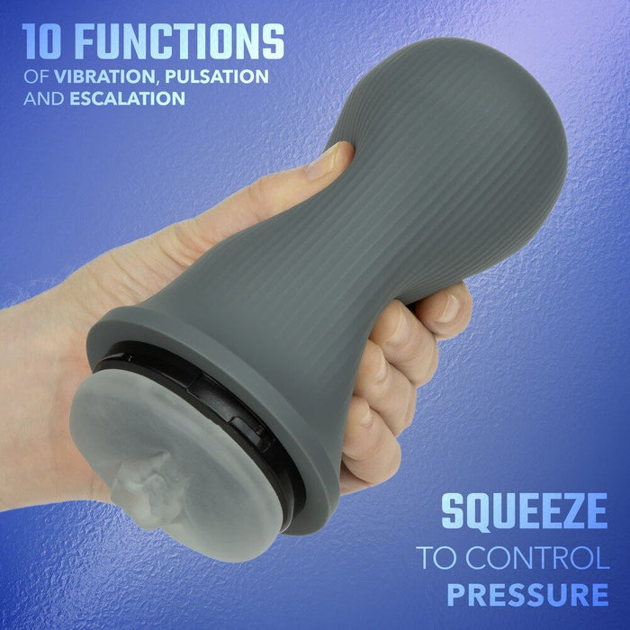 Hand holding a gray handheld masturbator against a blue background with text about its functions.