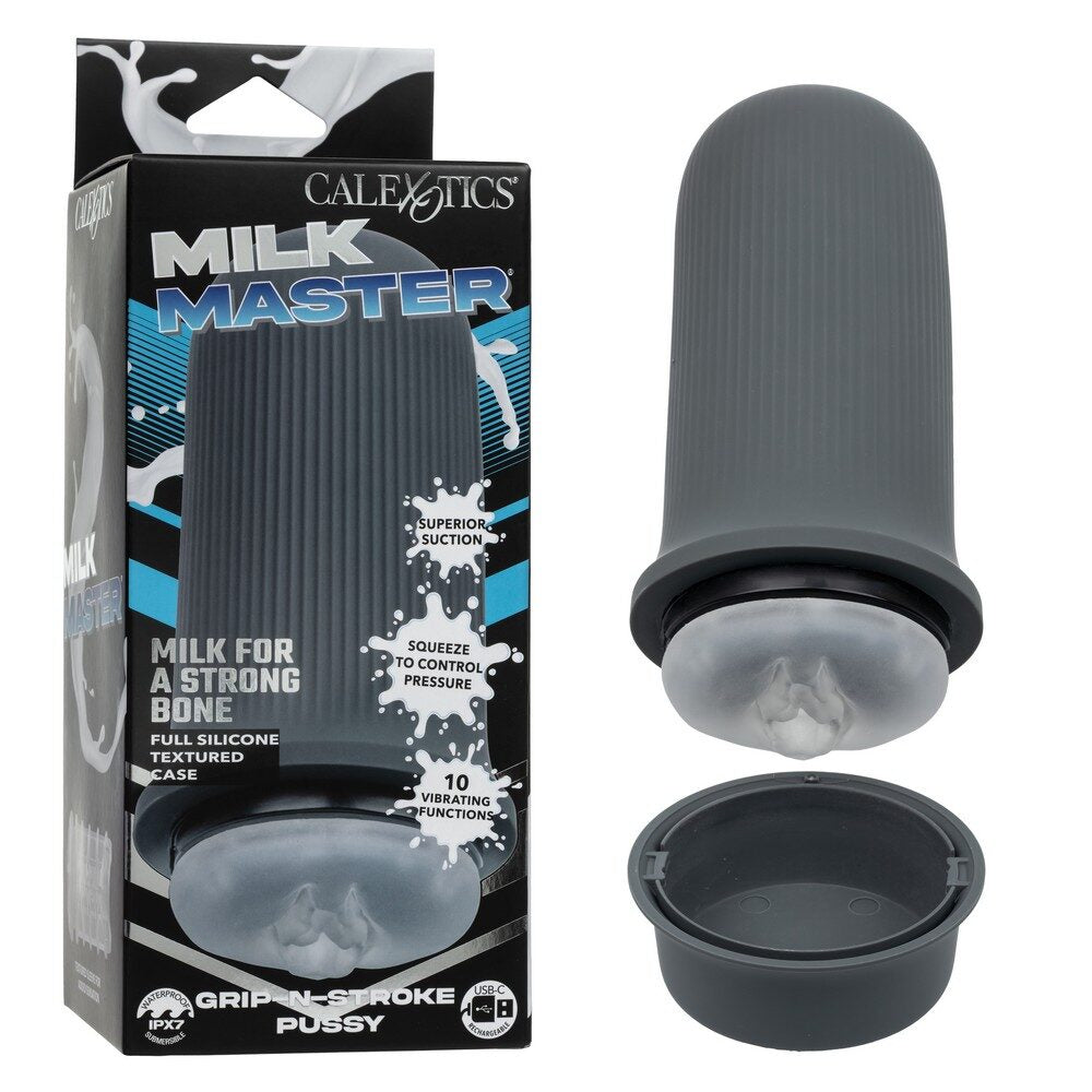 Grey silicone vagina masturbator with packaging labeled 'Milk Master' on a white background