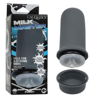Grey silicone vagina masturbator with packaging labeled 'Milk Master' on a white background