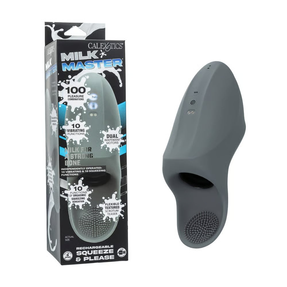 grey masturbator with ball rubber beside box packaging