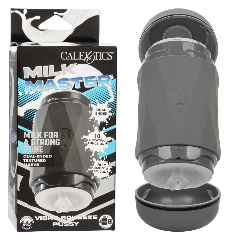 grey hard case masturbator with frosted vagina insert. beside box packaging
