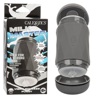 grey hard case masturbator with frosted vagina insert. beside box packaging