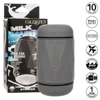 grey hard case masturbator with frosted sleeve instert beside box packaging