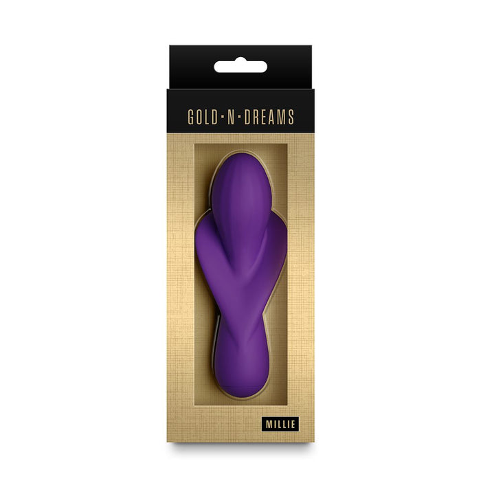 Purple millie vibrator in a Gold N Dreams packaging on a white background
