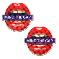 mouth with red lips, teeth with the words min the gap in the center of mouth