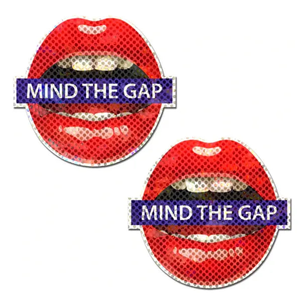 mouth with red lips, teeth with the words min the gap in the center of mouth