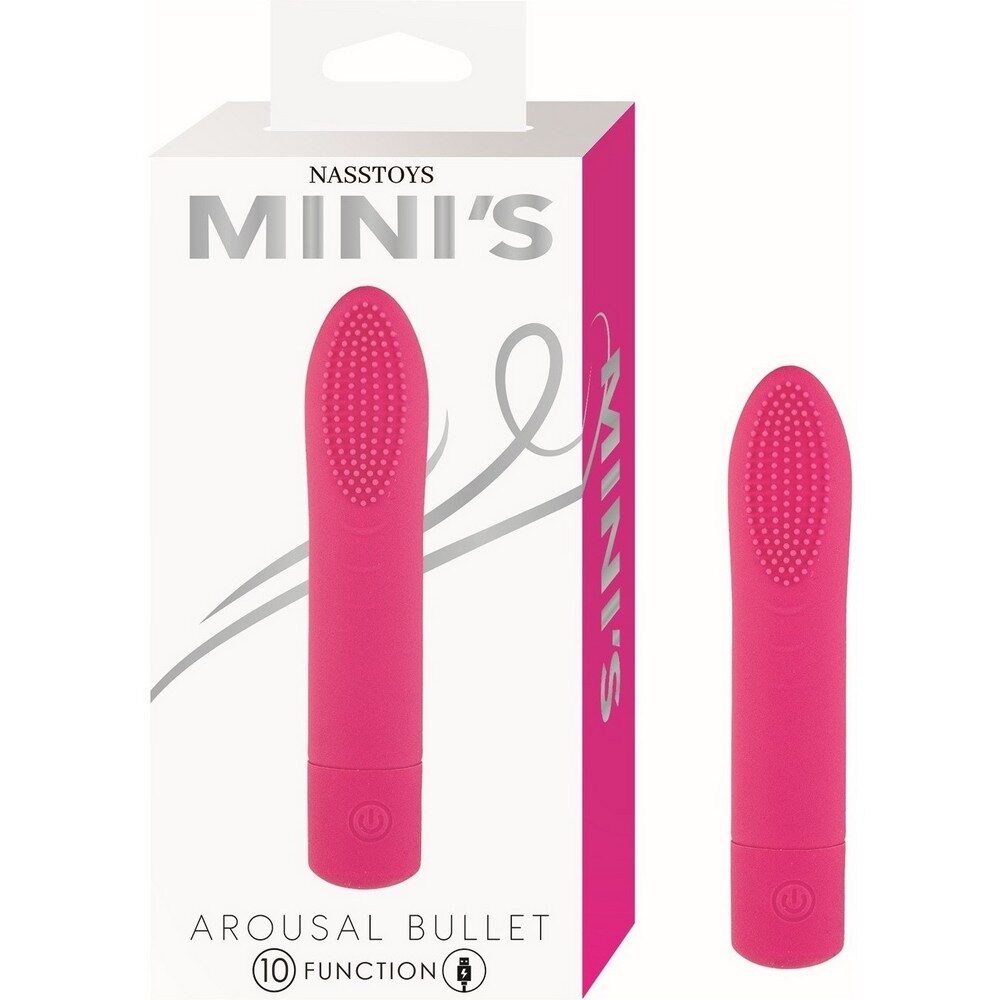 Pink arousal bullet with packaging displaying 'Nasstoys Mini's' on a white background