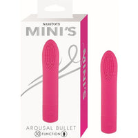 Pink arousal bullet with packaging displaying 'Nasstoys Mini's' on a white background