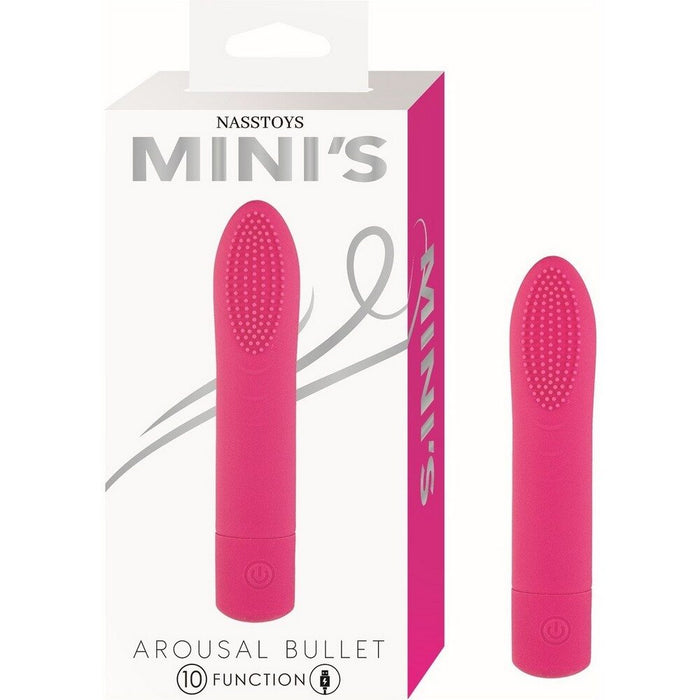 Pink arousal bullet with packaging displaying 'Nasstoys Mini's' on a white background