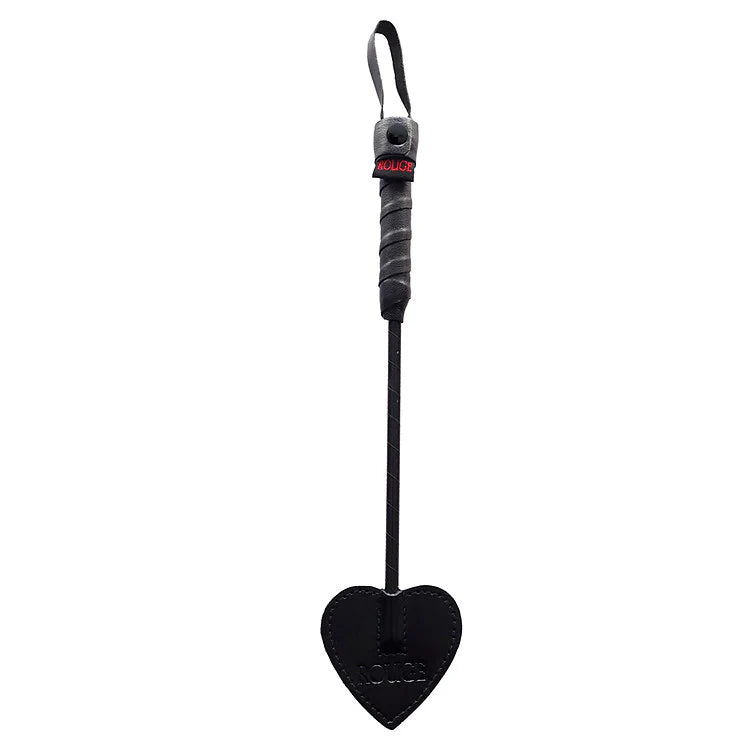 black spade shaped paddle crop with a black handle on a white background