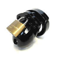 black chastity cage with gold pad lock