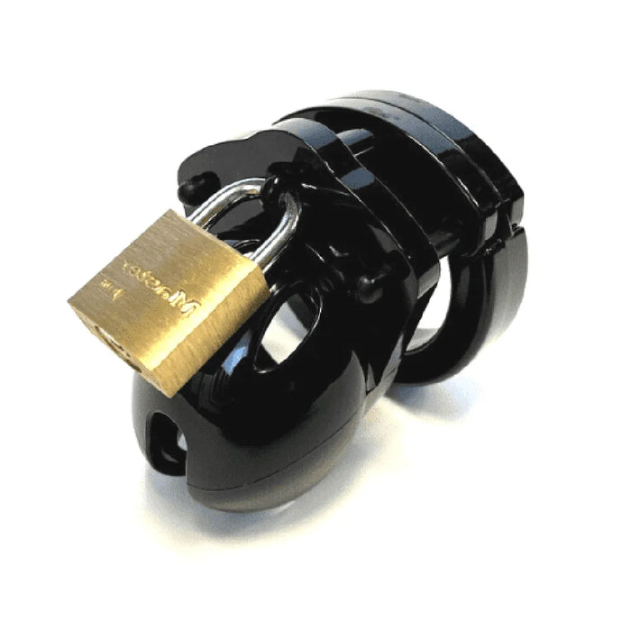 black chastity cage with gold pad lock