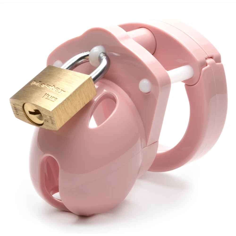 pink chastity cage with gold pad lock