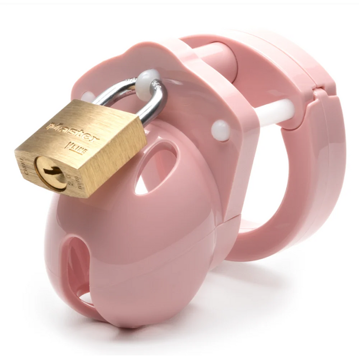 pink chastity cage with gold pad lock