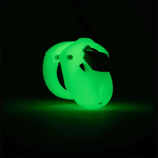 glow in the dark cock chastity cage with black pad lock